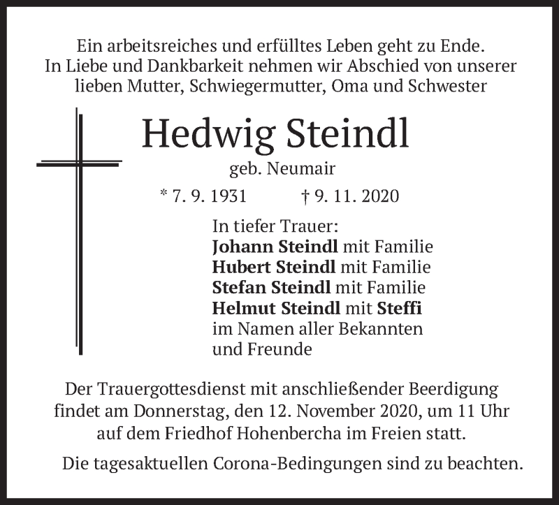  Traueranzeige für Hedwig Steindl vom 11.11.2020 aus merkurtz