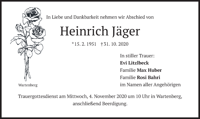  Traueranzeige für Heinrich Jäger vom 02.11.2020 aus merkurtz