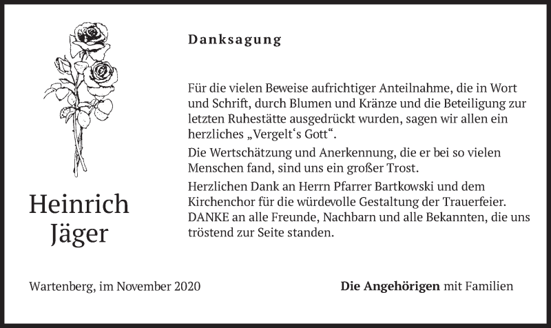  Traueranzeige für Heinrich Jäger vom 14.11.2020 aus merkurtz