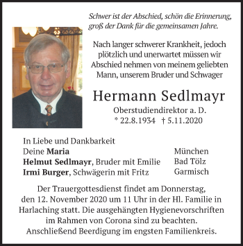 Traueranzeige von Hermann Sedlmayr von merkurtz