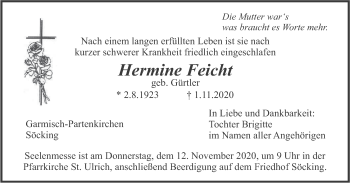 Traueranzeige von Hermine Feicht von merkurtz
