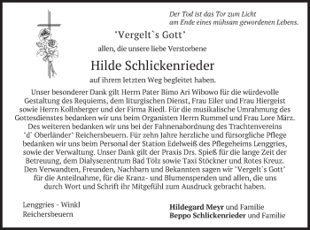 Traueranzeige von Hilde Schlickenrieder von merkurtz