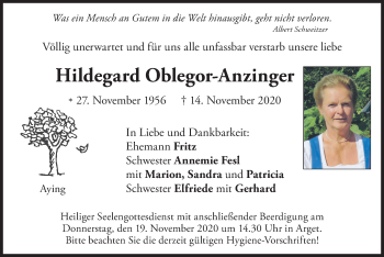 Traueranzeige von Hildegard Oblegor-Anzinger