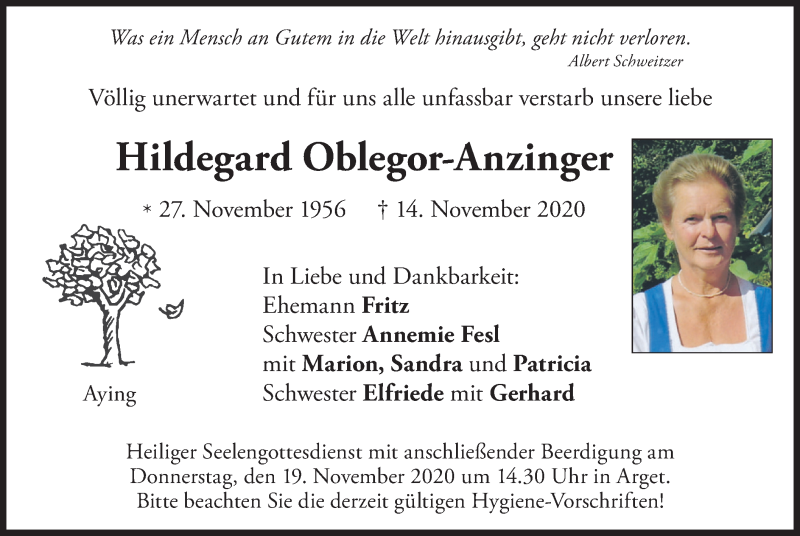  Traueranzeige für Hildegard Oblegor-Anzinger vom 17.11.2020 aus merkurtz