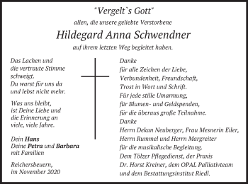 Traueranzeige von Hildegard Anna Schwendner von merkurtz
