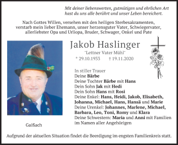 Traueranzeige von Jakob Haslinger von merkurtz