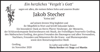 Traueranzeige von Jakob Stecher von merkurtz