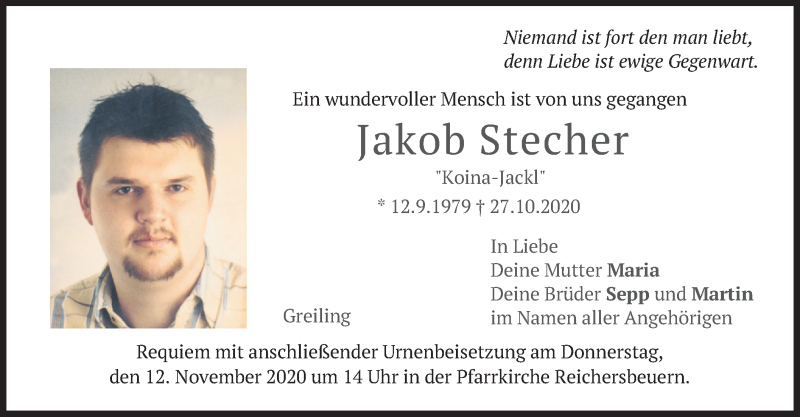  Traueranzeige für Jakob Stecher vom 10.11.2020 aus merkurtz