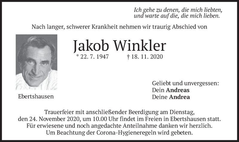  Traueranzeige für Jakob Winkler vom 21.11.2020 aus merkurtz
