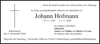 Traueranzeige von Johann Hofmann von merkurtz