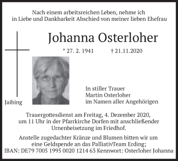 Traueranzeige von Johanna Osterloher von merkurtz