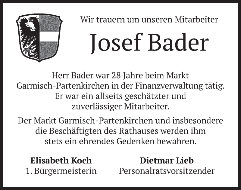  Traueranzeige für Josef Bader vom 26.11.2020 aus merkurtz