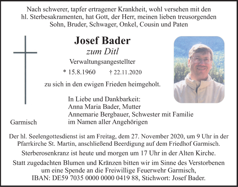 Traueranzeige für Josef Bader vom 25.11.2020 aus merkurtz