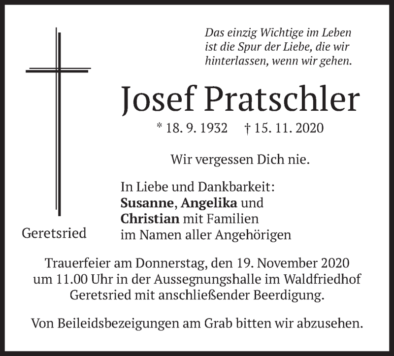  Traueranzeige für Josef Pratschler vom 17.11.2020 aus merkurtz