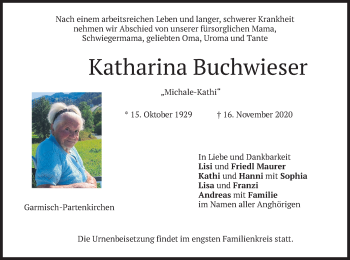 Traueranzeige von Katharina Buchwieser von merkurtz