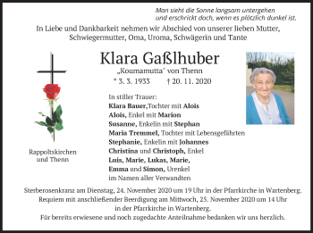 Traueranzeige von Klara Gaßlhuber von merkurtz