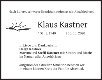 Traueranzeige von Klaus Kastner von merkurtz