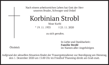 Traueranzeige von Korbinian Strobl von merkurtz