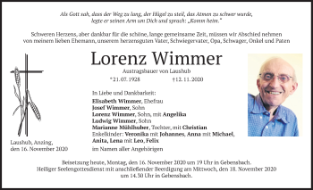 Traueranzeige von Lorenz Wimmer von merkurtz