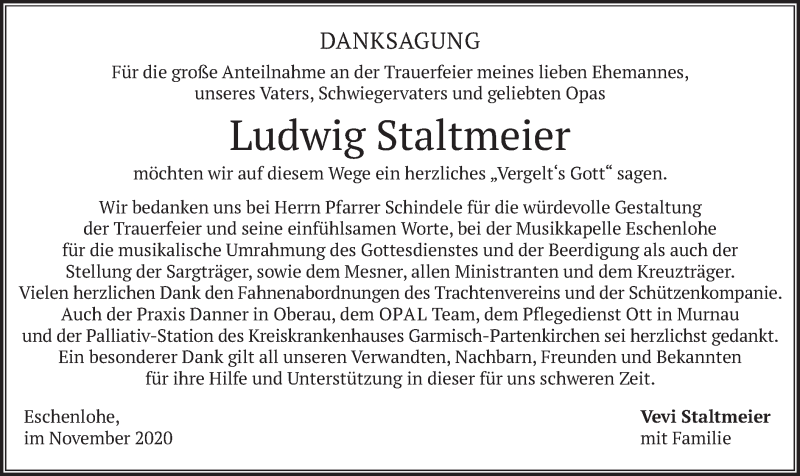  Traueranzeige für Ludwig Staltmeier vom 14.11.2020 aus merkurtz