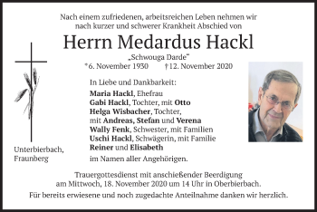Traueranzeige von Medardus Hackl von merkurtz