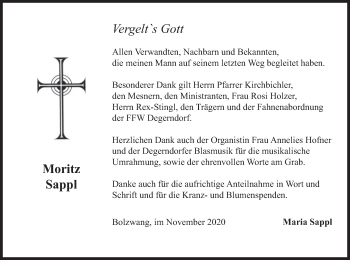 Traueranzeige von Moritz Sappl von merkurtz