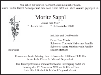 Traueranzeige von Moritz Sappl von merkurtz