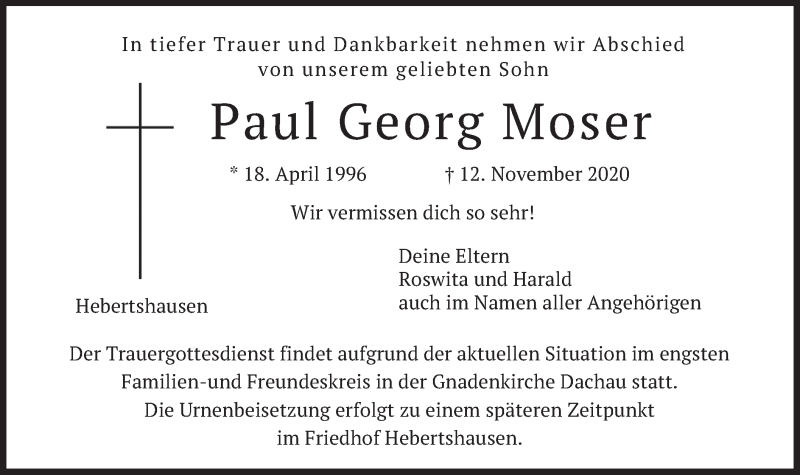  Traueranzeige für Paul Georg Moser vom 17.11.2020 aus merkurtz