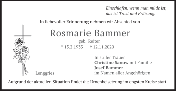 Traueranzeige von Rosmarie Bammer von merkurtz