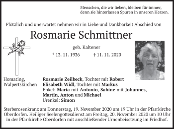 Traueranzeige von Rosmarie Schmittner von merkurtz