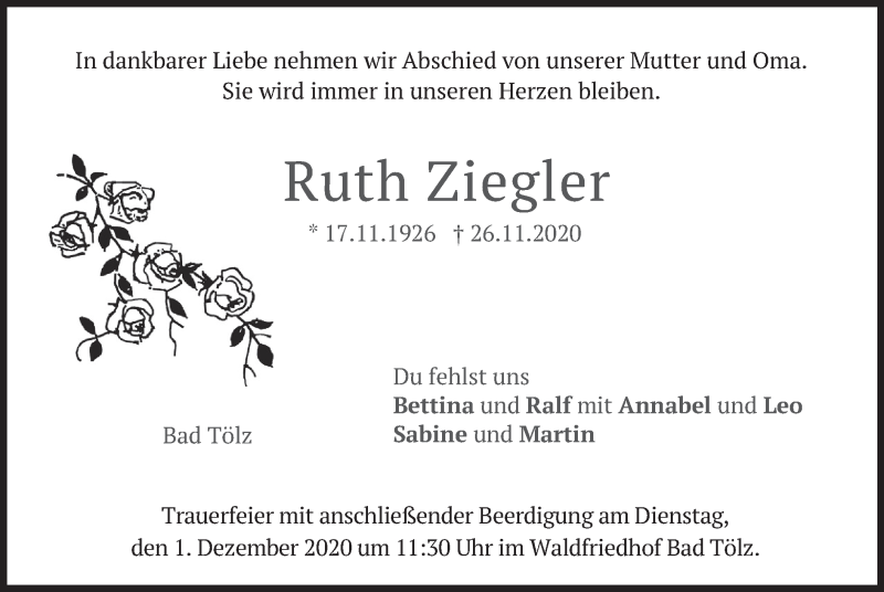  Traueranzeige für Ruth Ziegler vom 28.11.2020 aus merkurtz