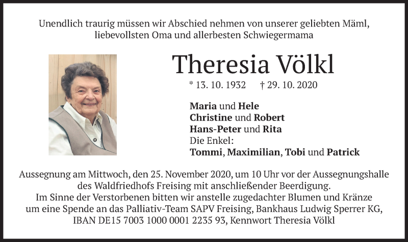  Traueranzeige für Theresia Völkl vom 21.11.2020 aus merkurtz