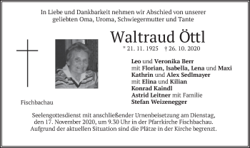 Traueranzeige von Waltraud Öttl von merkurtz