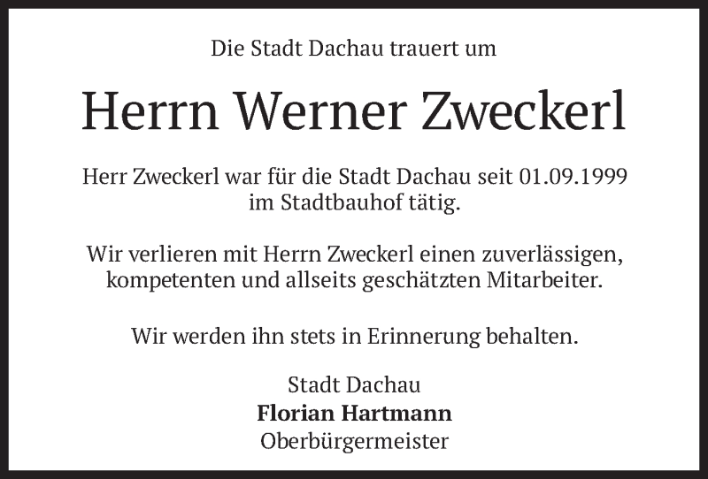  Traueranzeige für Werner Zweckerl vom 28.11.2020 aus merkurtz