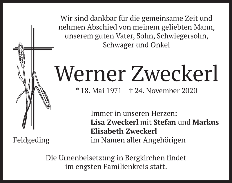  Traueranzeige für Werner Zweckerl vom 28.11.2020 aus merkurtz