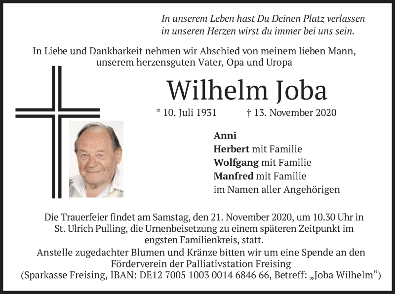  Traueranzeige für Wilhelm Joba vom 19.11.2020 aus merkurtz