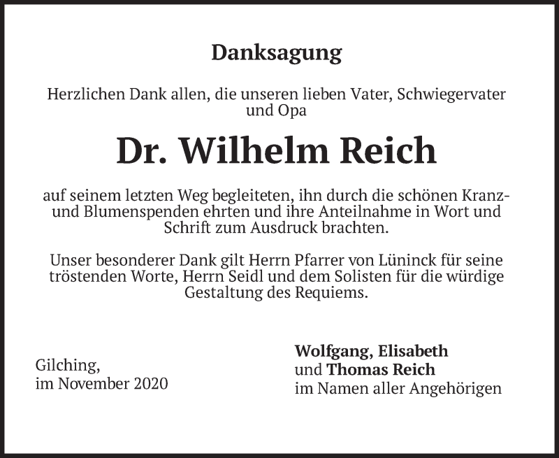  Traueranzeige für Wilhelm Reich vom 28.11.2020 aus merkurtz