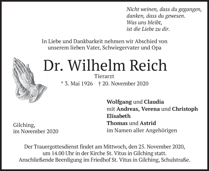  Traueranzeige für Wilhelm Reich vom 21.11.2020 aus merkurtz