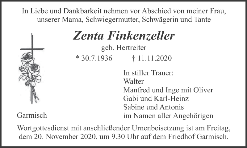  Traueranzeige für Zenta Finkenzeller vom 17.11.2020 aus merkurtz