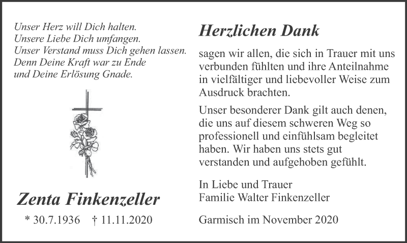  Traueranzeige für Zenta Finkenzeller vom 28.11.2020 aus merkurtz