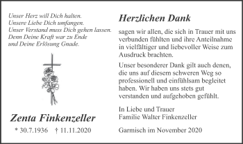 Traueranzeige von Zenta Finkenzeller von merkurtz