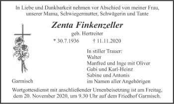 Traueranzeige von Zenta Finkenzeller von merkurtz