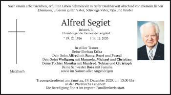 Traueranzeige von Alfred Segiet von merkurtz