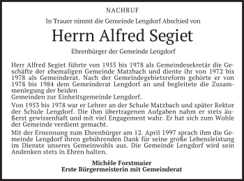 Traueranzeige von Alfred Segiet von merkurtz
