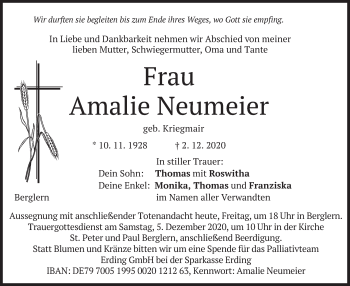 Traueranzeige von Amalie Neumeier von merkurtz