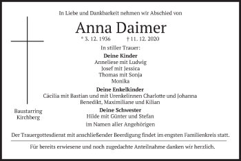 Traueranzeige von Anna Daimer von merkurtz
