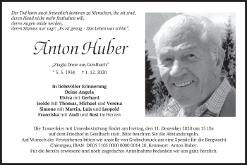 Traueranzeige von Anton Huber von merkurtz