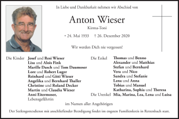 Traueranzeige von Anton Wieser von merkurtz