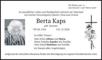 Traueranzeige von Berta Kaps von merkurtz