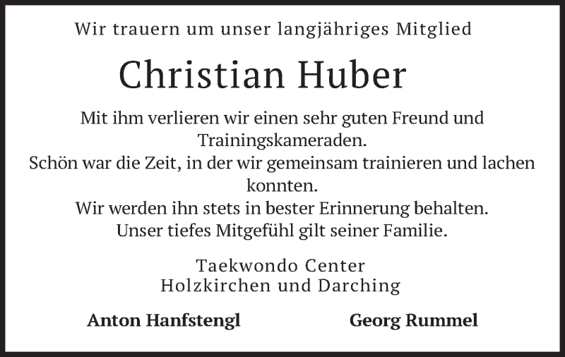  Traueranzeige für Christian Huber vom 31.12.2020 aus merkurtz